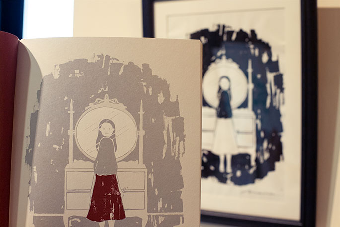 『猫のミーラ』の絵本と原画。